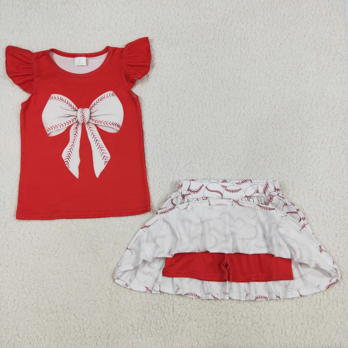 preorder GSD1722 Baseball cow red flutter sleeve skirt with shorts girls set