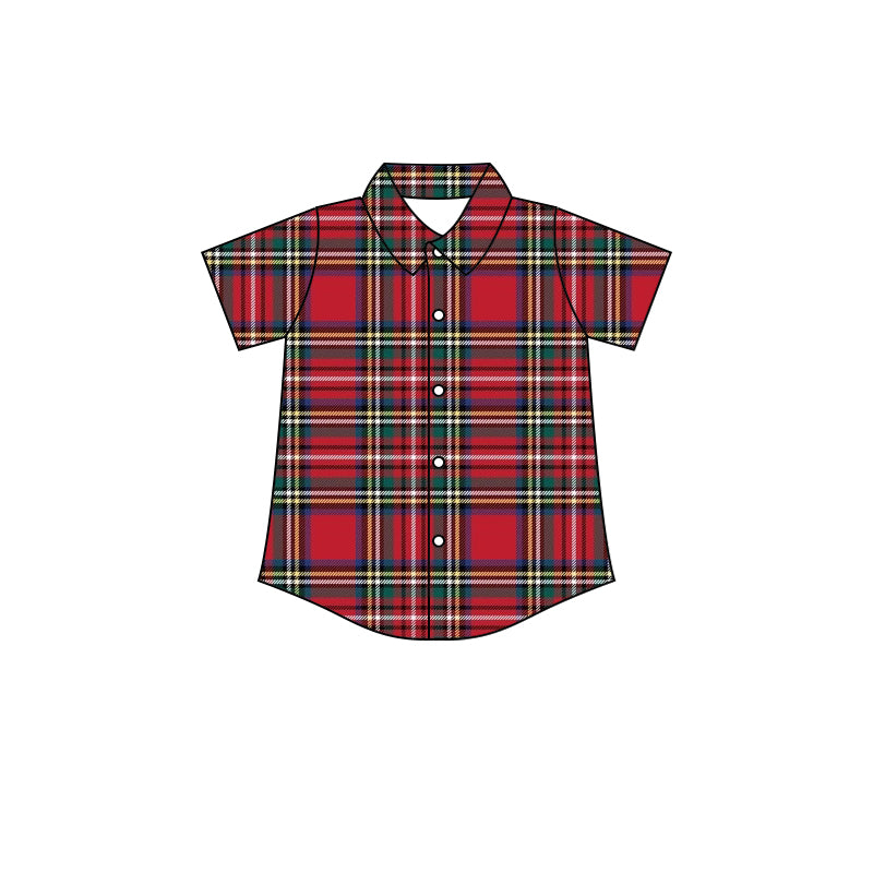 custom Christmas red green checkered short sleeve boys shirt