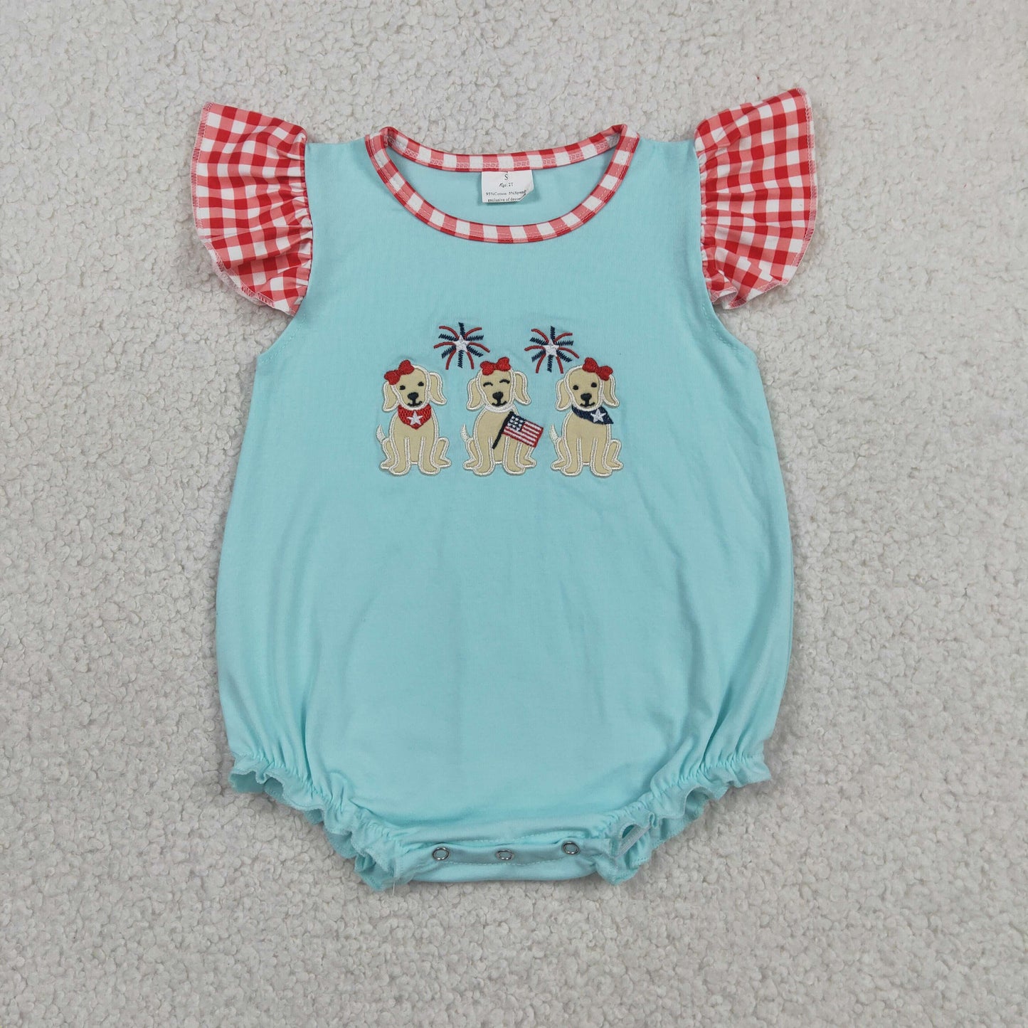 Embroidery SR4051 July 4th Firework Dog Blue Flutter Sleeve Girls Romper