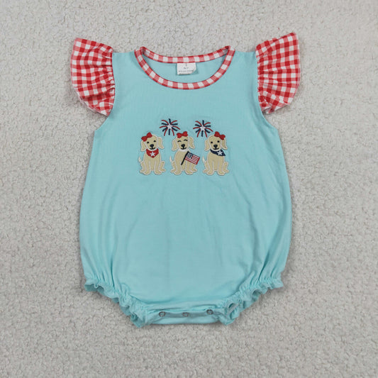 Embroidery SR4051 July 4th Firework Dog Blue Flutter Sleeve Girls Romper