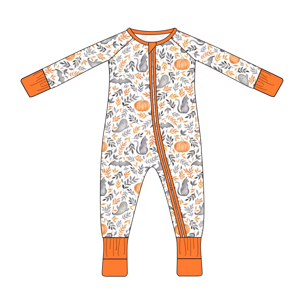 custom Halloween spooky pumpkin cat orange long sleeve zipper baby romper