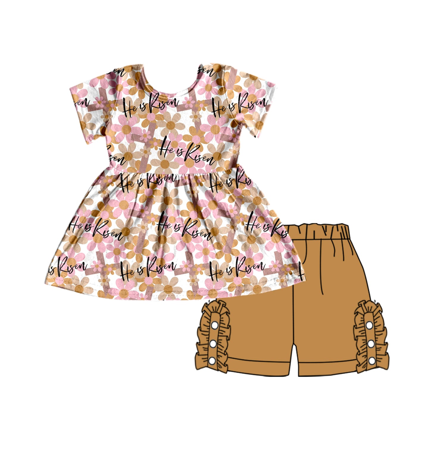 Preorder Pink Flowers Short Sleeve Khaki Ruffles Shorts Girls Set