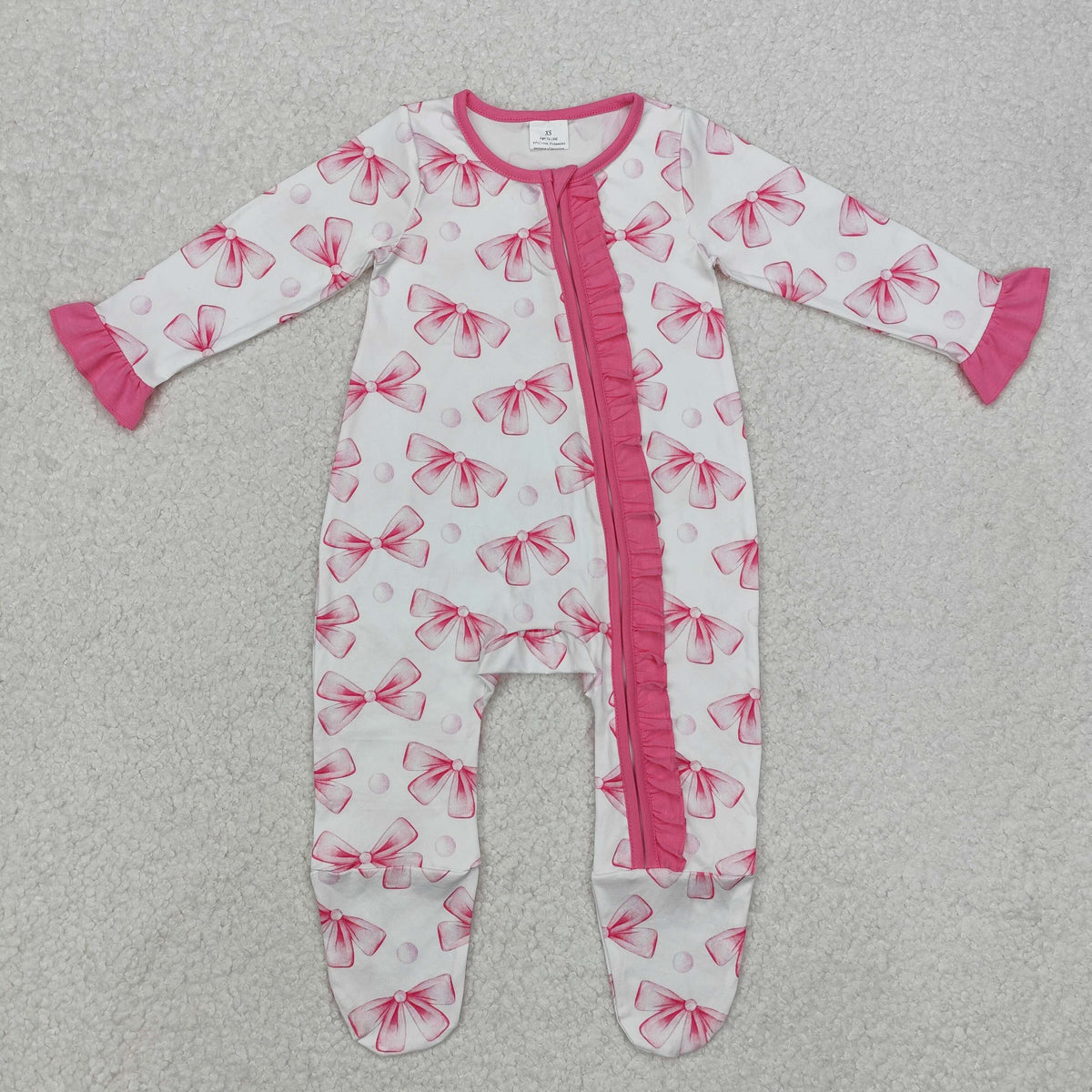 LR1770 pink bows long sleeve ruffles zipper girls romper
