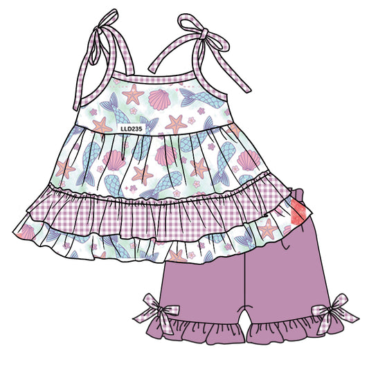 Custom Moq 3 Cute Sea Mermaid Shell Lace-up Purple Shorts Girls Set