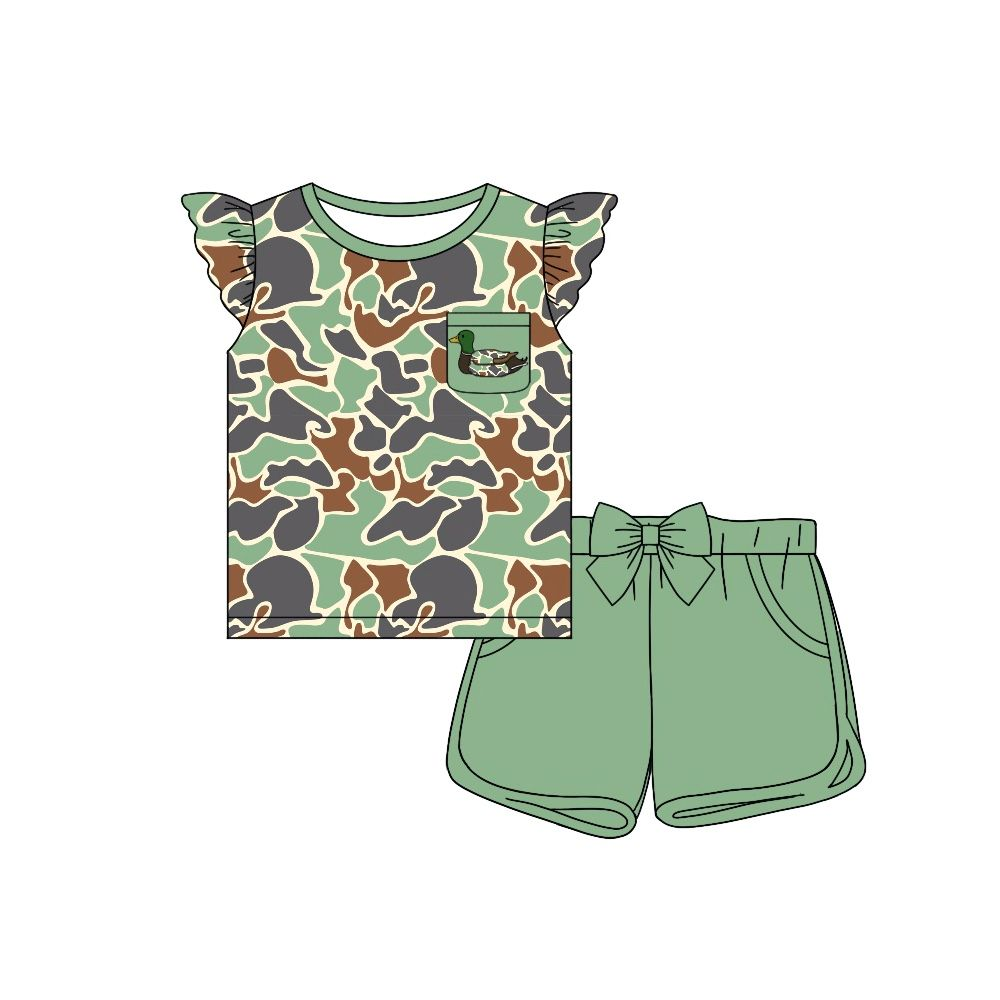 preorder GSSO1507 duck camo hunting camo mallard pocket flutter sleeve green shorts girls set