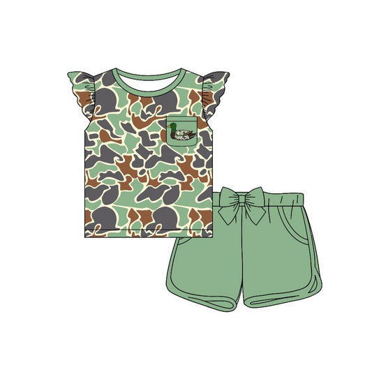 preorder GSSO1507 duck camo hunting camo mallard pocket flutter sleeve green shorts girls set