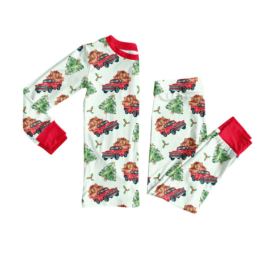 Custom moq 20 bamboo Christmas holly berry tree truck green long sleeve pants girls pajamas