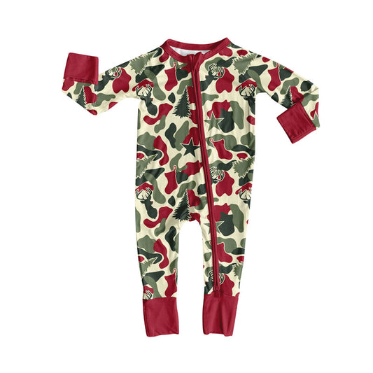 custom moq 5 Christmas green red camo zipper long sleeve boys romper