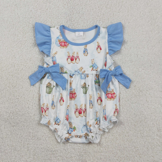 SR3833 Easter Rabbit Bows Flutter Sleeve Girls Romper