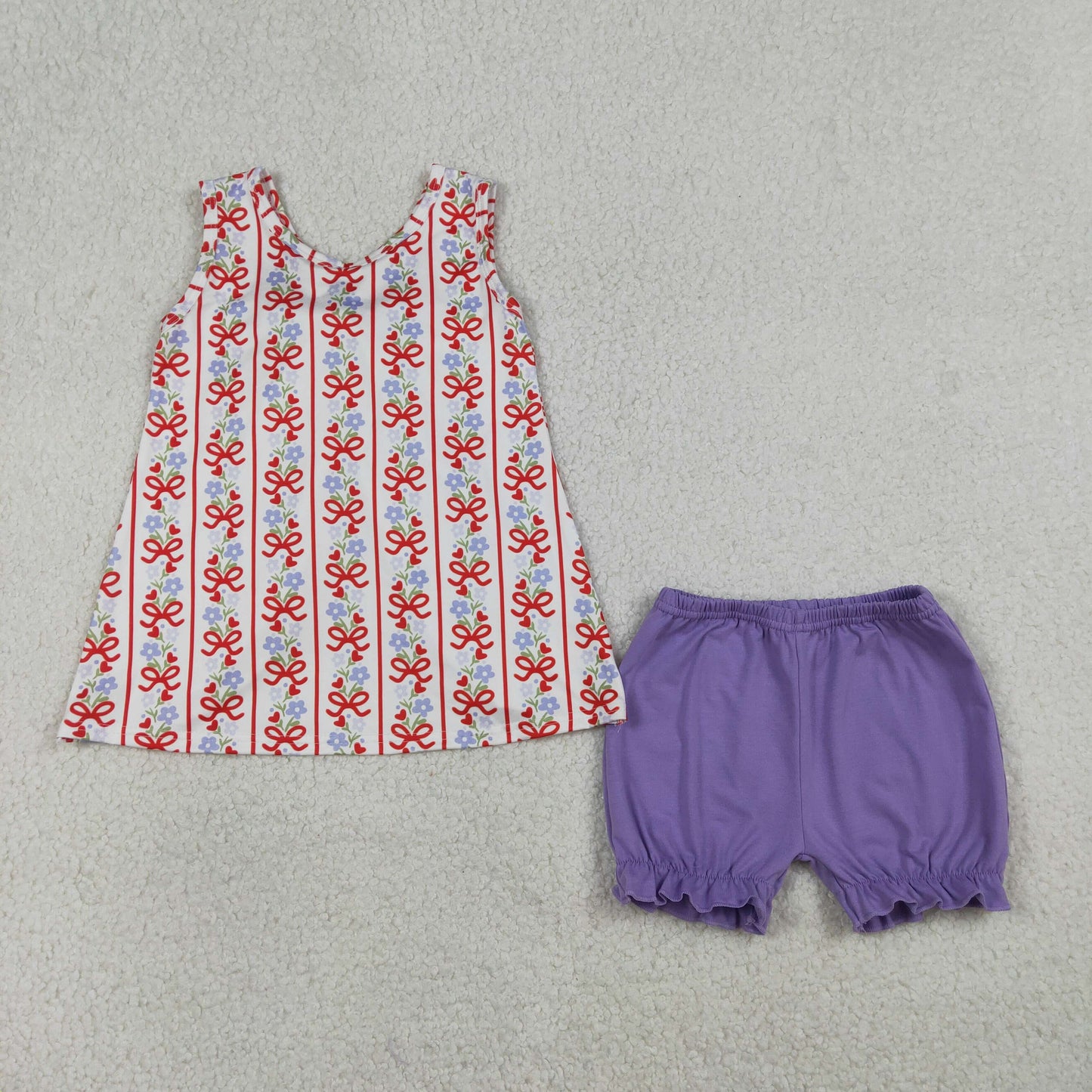 GSSO2785 red bows flowers sleeveless purple shorts girls set