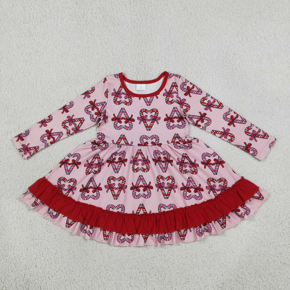 GLD1695 Christmas Candy Cane Bows Long Sleeve Girls Dress