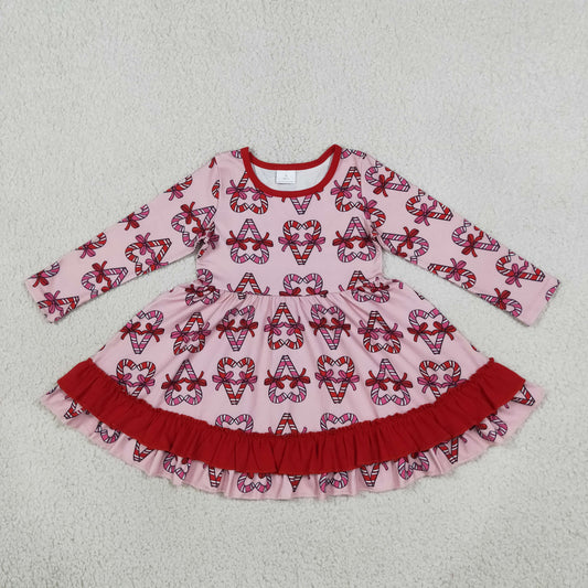 GLD1695 Christmas Candy Cane Bows Long Sleeve Girls Dress