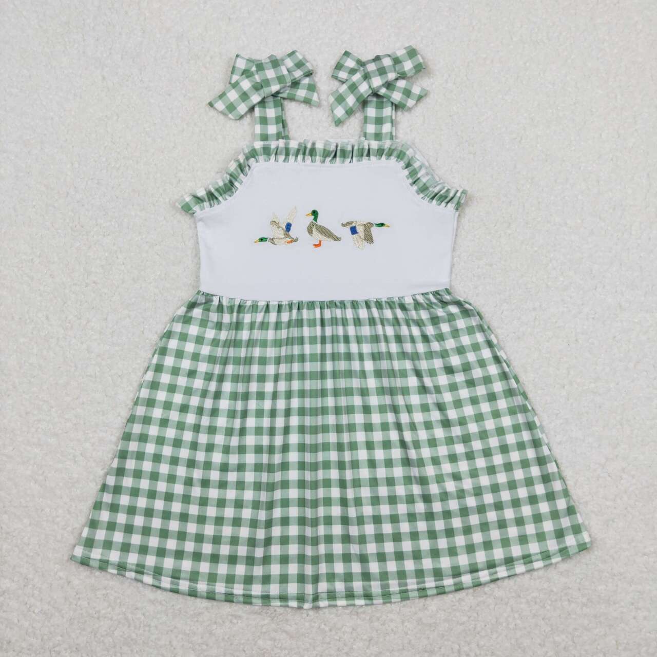 GSD0839 embroidery Mallard green checkered sleeveless girls dress