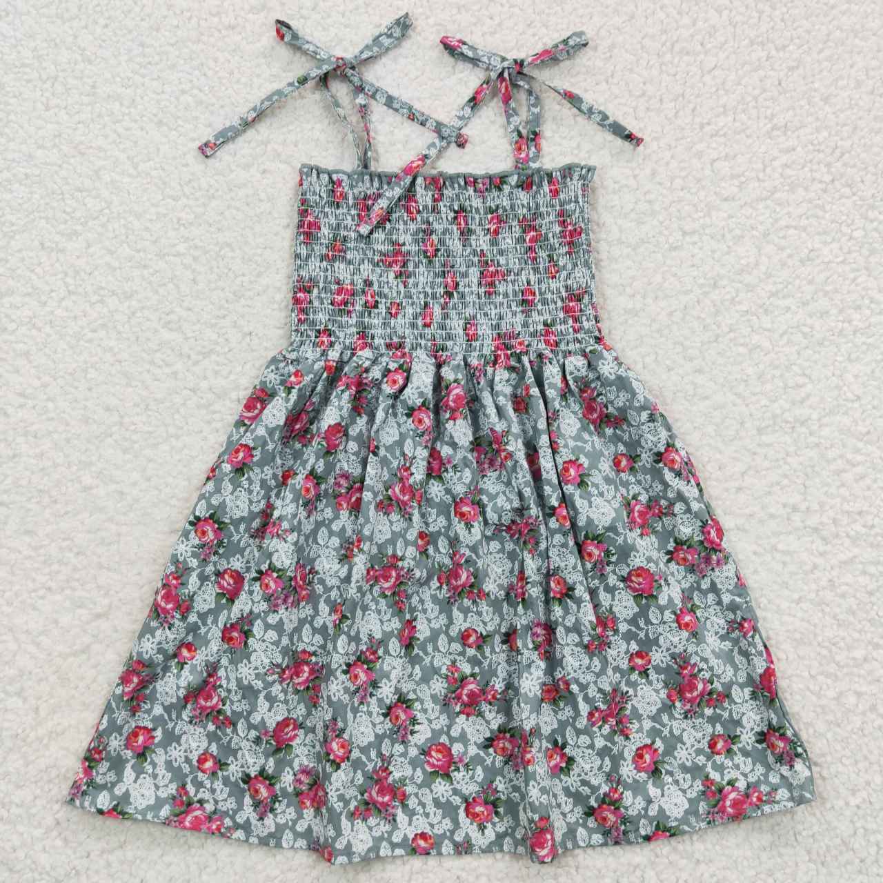 GSD0378 Smocking Stitch Hot Pink Flowers Girls Summer Dress