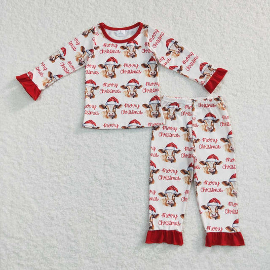 GLP0866 Merry Christmas cow red long sleeve girls pajamas