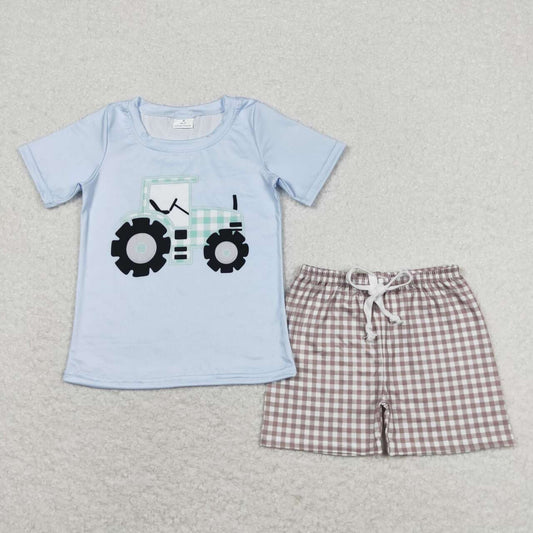 BSSO0610 Farm tractor blue short sleeve khaki shorts boys set