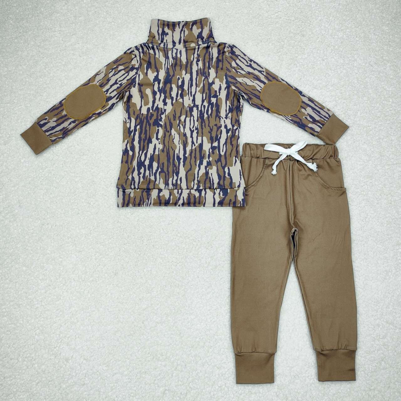 BLP0492 hunting camo branch long sleeve dark brown pants boys set