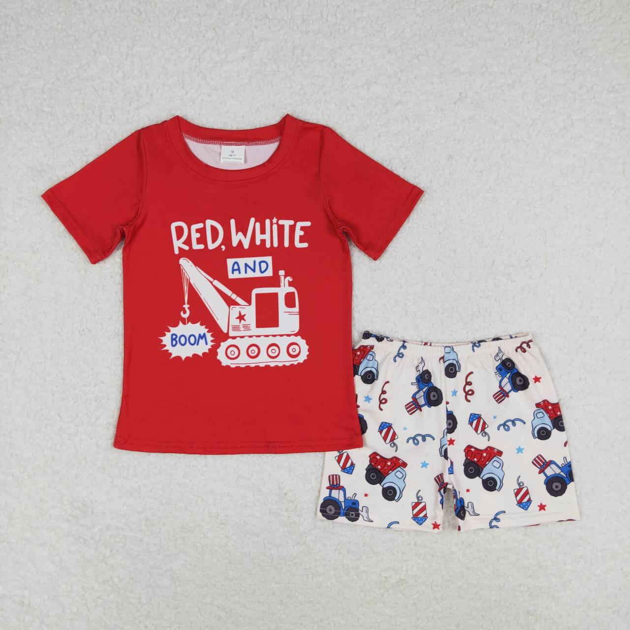 BSSO0825 July 4th red white construction truck short sleeve shorts boys set