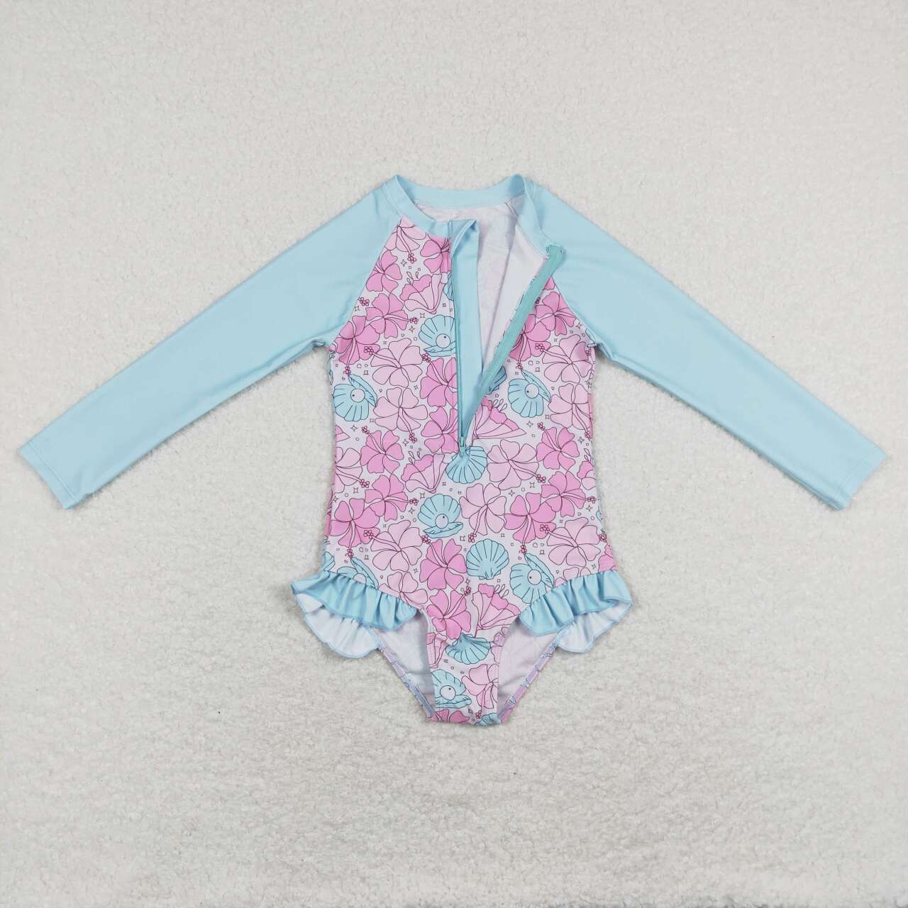 S0182  Pink flowers blue long sleeve Girls Bathing Suits Swimsuits