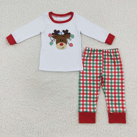 BLP0218 Embroidery Christmas light deer white long sleeve red & green plaid pants girls set