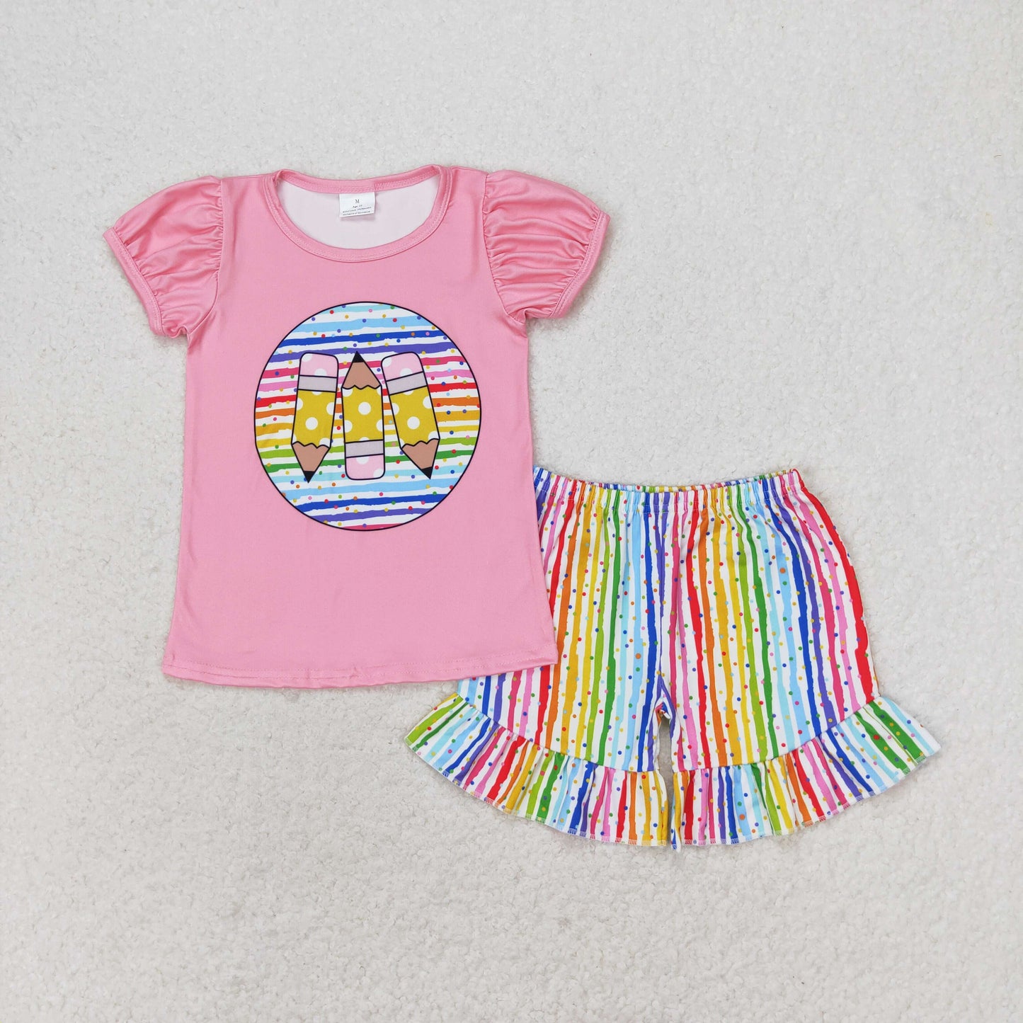 GSSO1366 back to school pen pink short sleeve rainbow striped shorts girls set