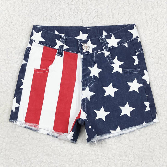 SS0168 July 4th Red Striped Star Denim Shorts Girls Jeans