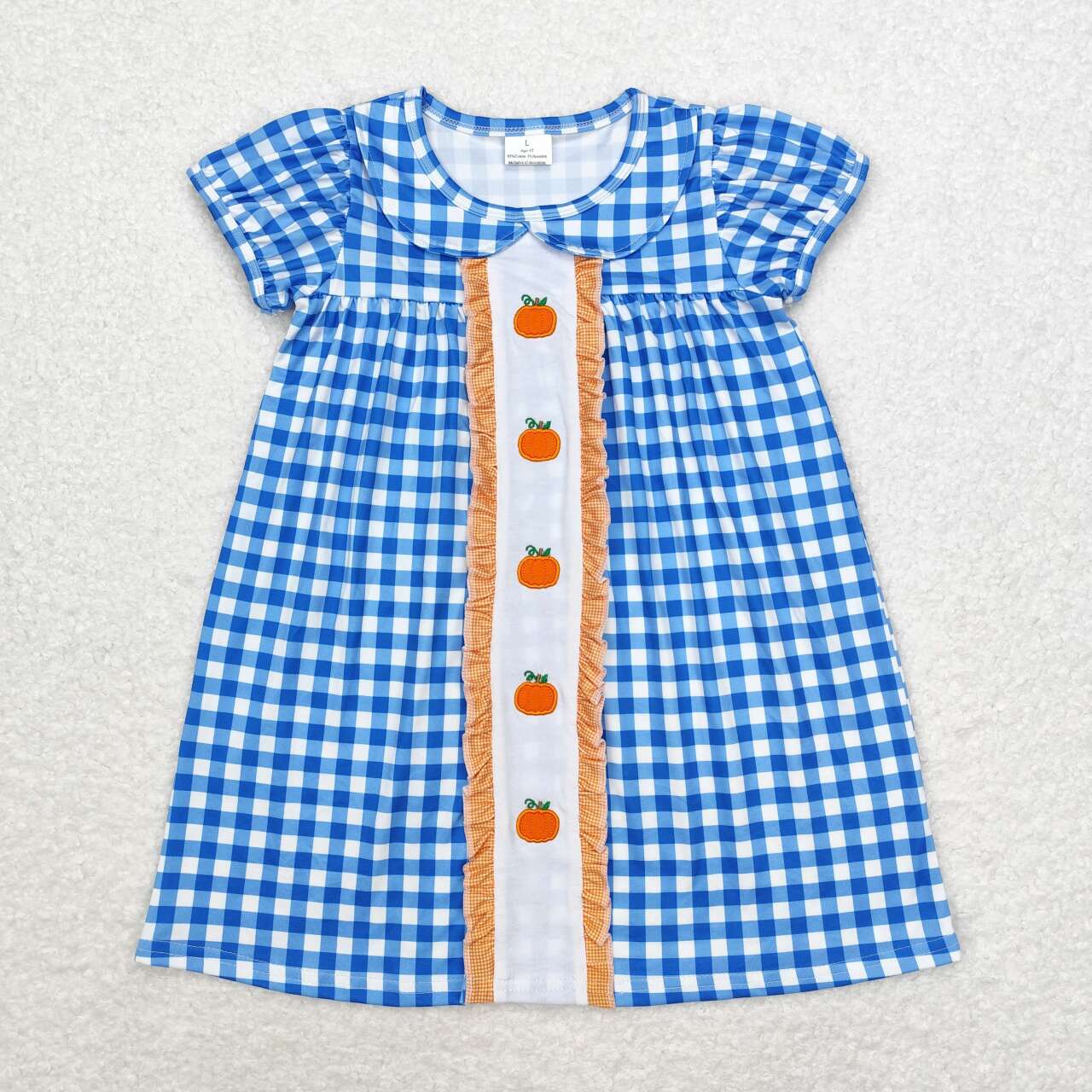 embroidery GSD1412 Autumn pumpkin blue checkered girls short sleeve dress