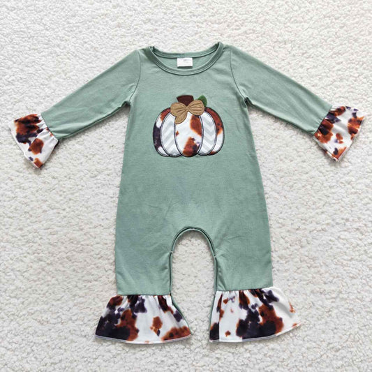 LR0464 Ink Pattern Pumpkin Green Long Sleeve Girls Romper