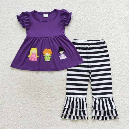 GSPO0834 Halloween sorceress purple short sleeve black striped pants girls set