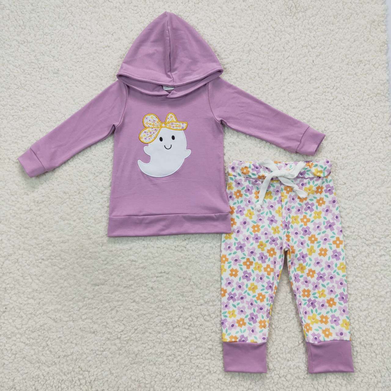 GLP0530 Halloween Ghost Purple Long Sleeves Colorful Flowers Pants Hoodie Girls Clothes