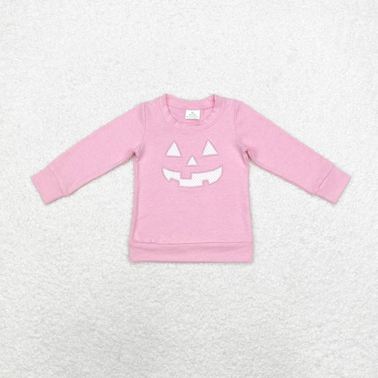 GT0717 embroidery Halloween pumpkin pink long sleeve girls top