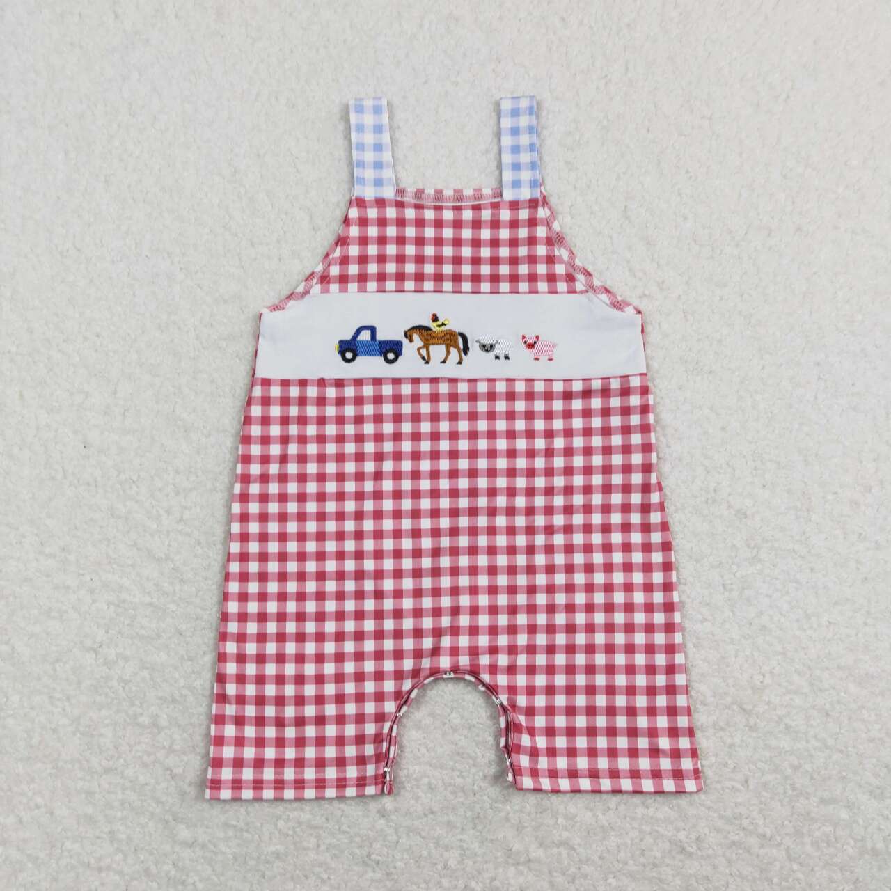 SR0632 Embroidery Farm car sheep pig horse red checkered sleeveless girls romper