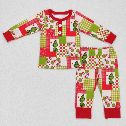 BLP0373 Christmas green face pink long sleeve boys pajamas