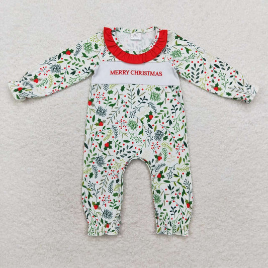 LR1176 embroidery Merry Christmas flowers long sleeve girls romper