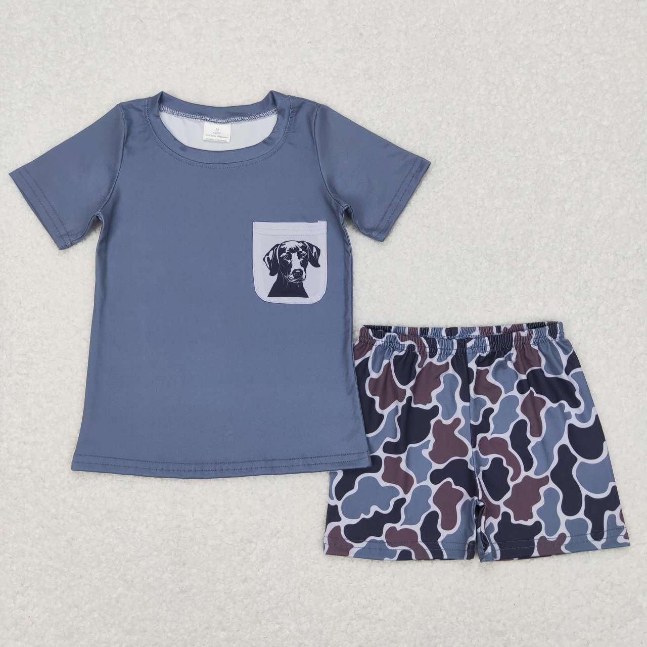 BSSO0304 Hunting dog grey pocket short sleeve camo shorts boys set