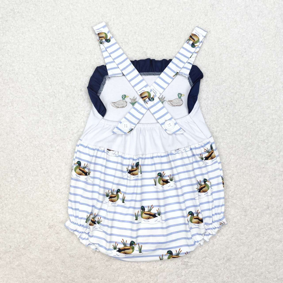 SR1584 embroidery mallard duck striped sleeveless girls romper