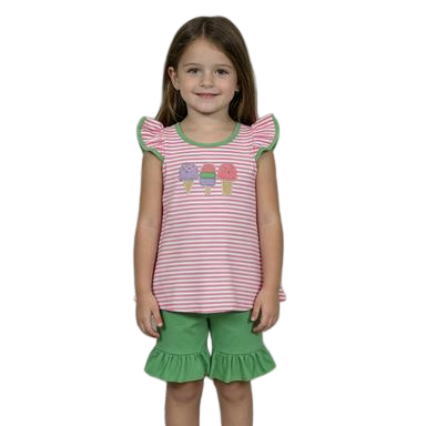 Embroidery GSSO2349 ice pink striped flutter sleeve green shorts girls set