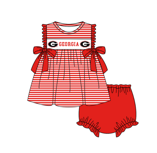 Custom Moq 3 Football Item Georgia Red Bows Sleeveless Girls Bummies Set