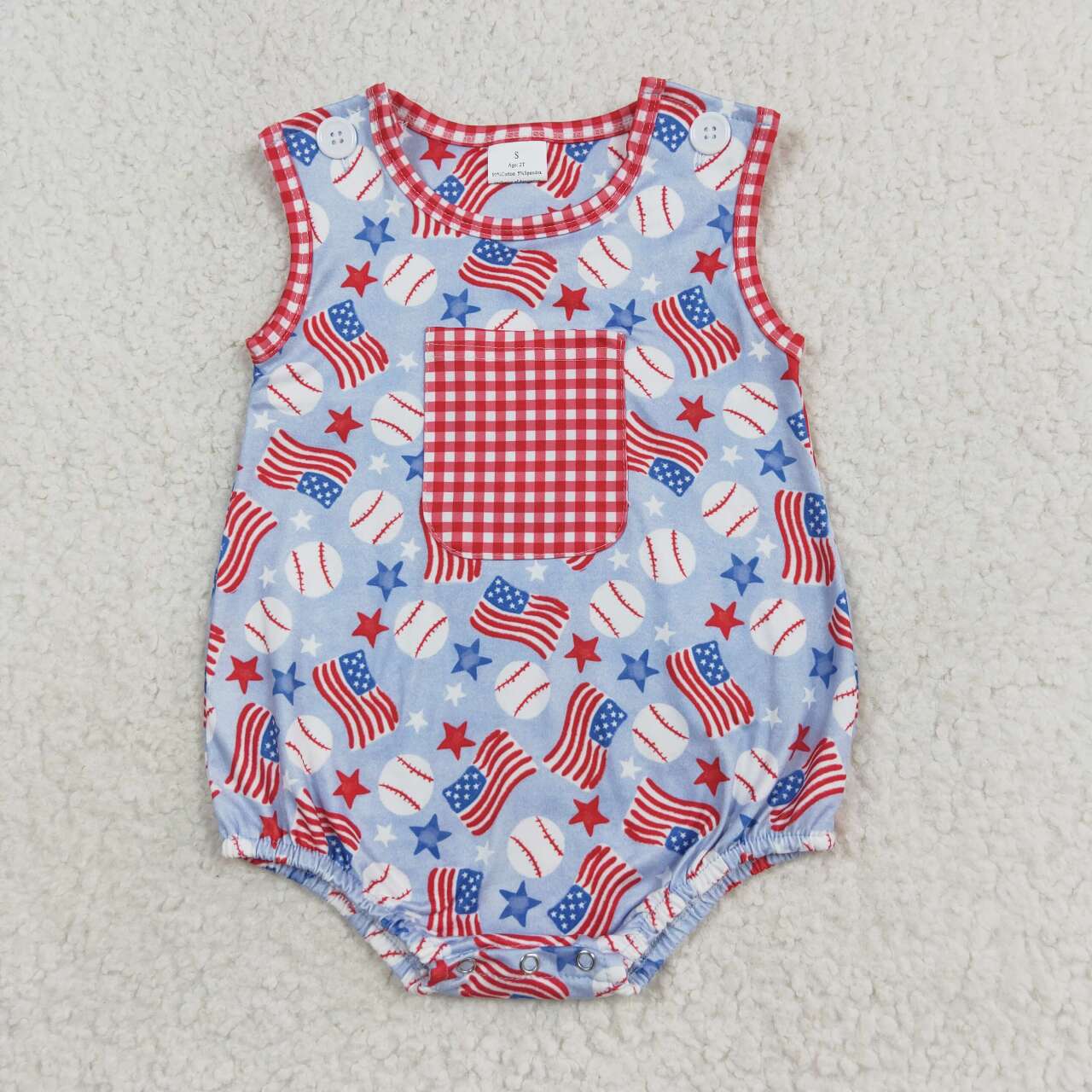 SR1563 July 4th flag baseball star red checkered sleeveless boys romper