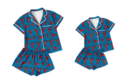 Custom Moq 3 Cute Crayfish Blue Mama and Me Pajamas Sibling Clothes