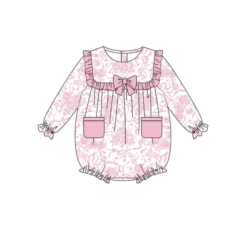 custom moq 5 pink bows flowers pockets long sleeve girls romper