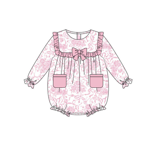 custom moq 5 pink bows flowers pockets long sleeve girls romper