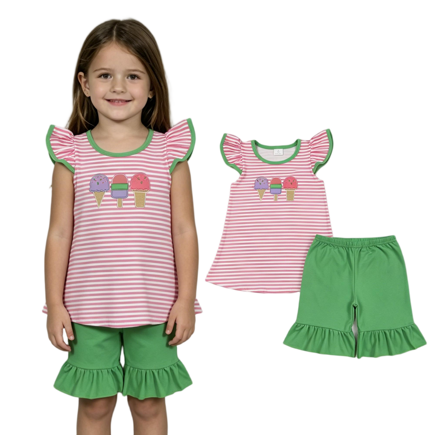Embroidery GSSO2349 ice pink striped flutter sleeve green shorts girls set