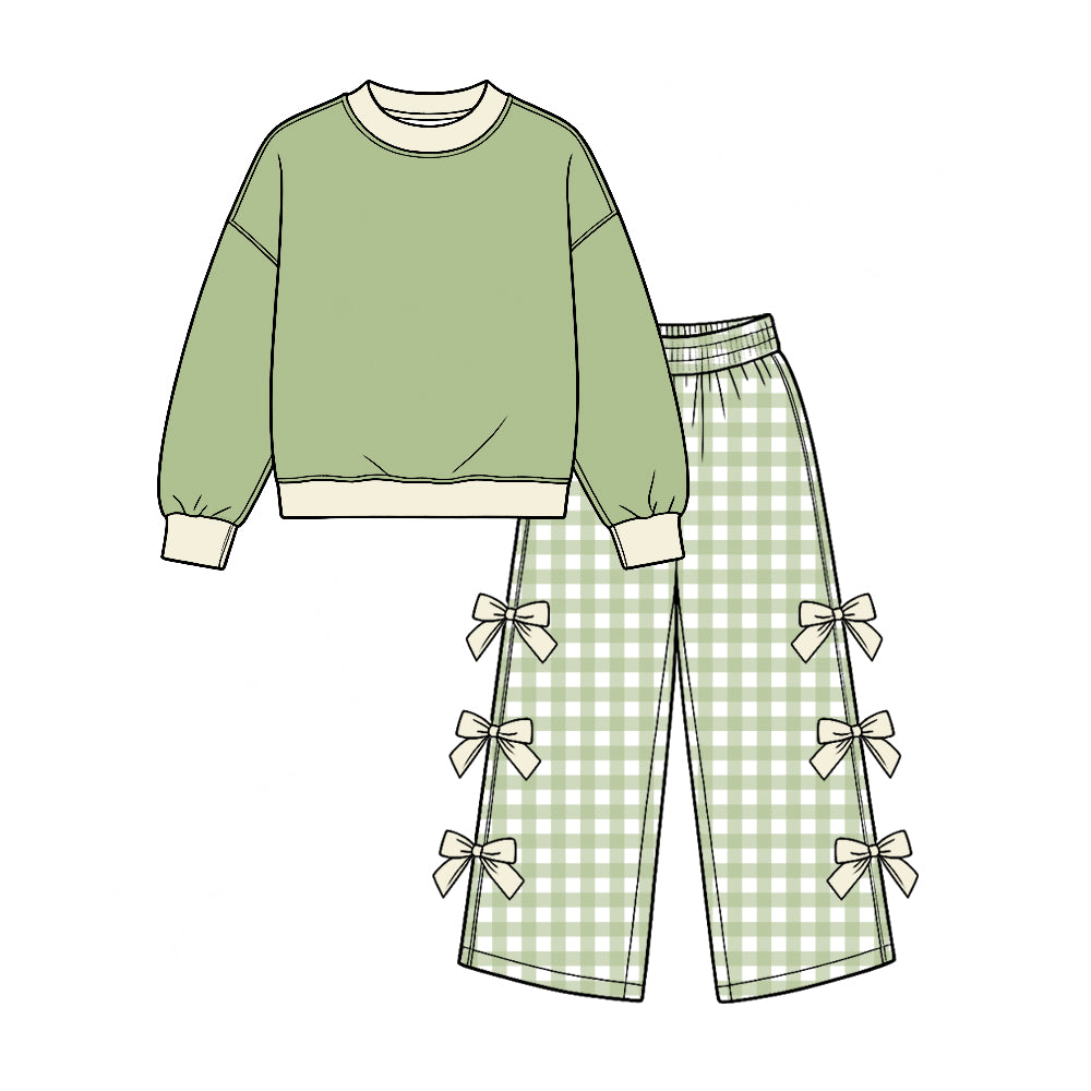 preorder GLP4037 Cotton Green Long Sleeve Bows Green Checkered Pants Girls Set