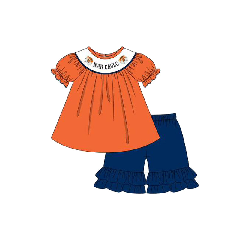 Cutom Moq 3 Football Team War Eagle Orange Short Sleeve Navy Blue Shorts Girls Set