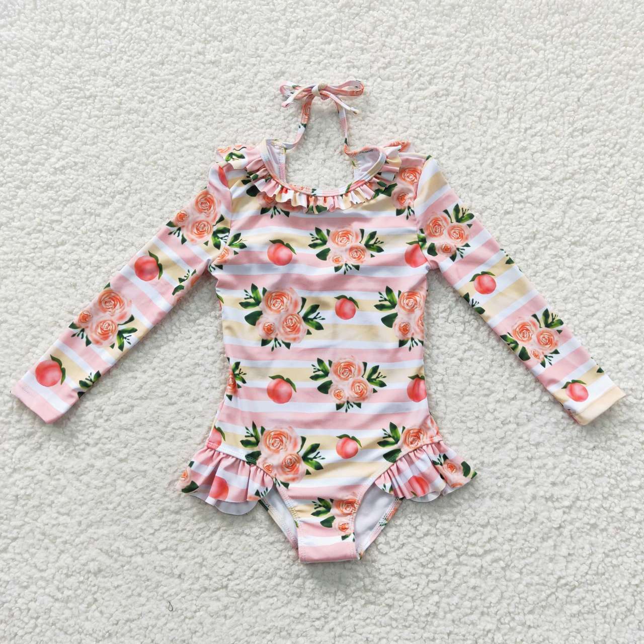 S0139 Pink Flower Print Peach Girls Long Sleeve Bathing Suits Swimsuits