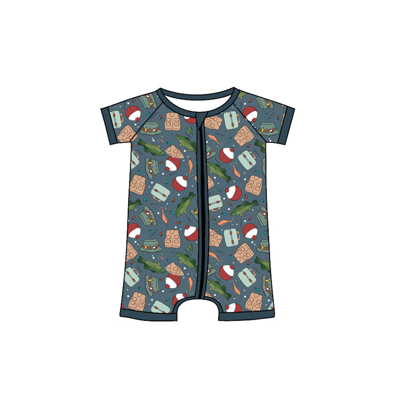 custom style cute fishing short sleeve zipper girls romper
