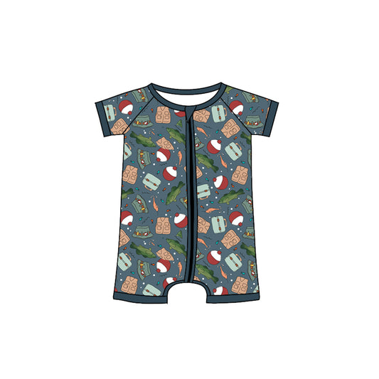 custom style cute fishing short sleeve zipper girls romper