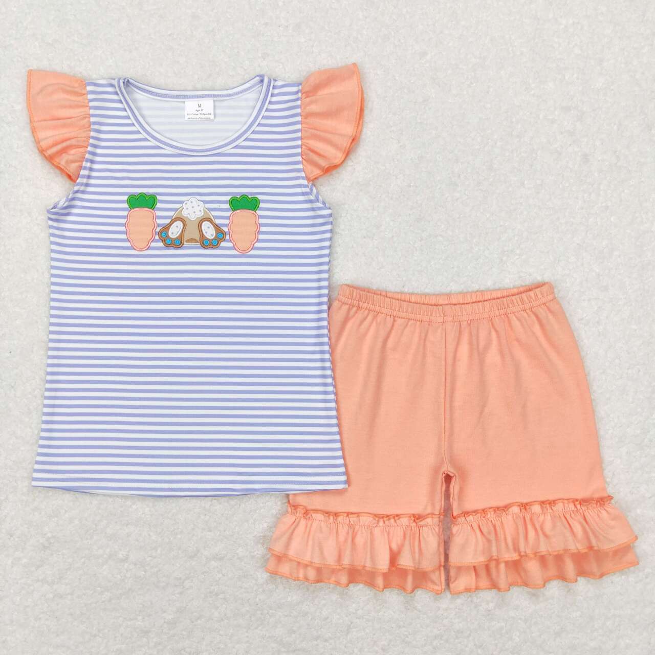 GSSO0373 Easter rabbit carrot blue striped flutter sleeve orange shorts girls set