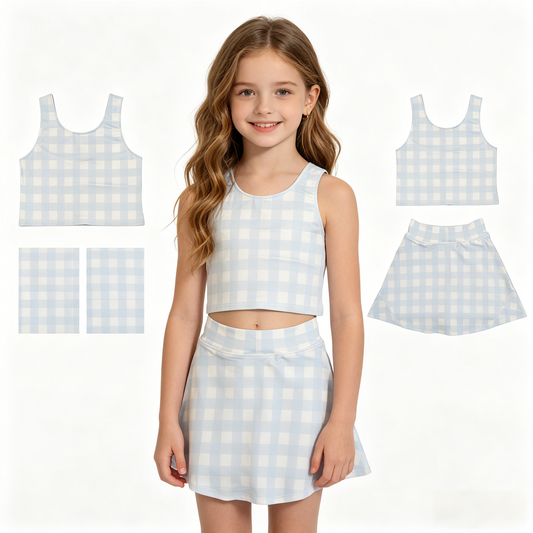GSD3839 Yoga Blue Checkered Sleeveless Skorts Girls Set